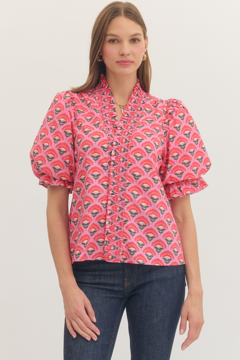Geometric Print Short Puff Sleeve Top
