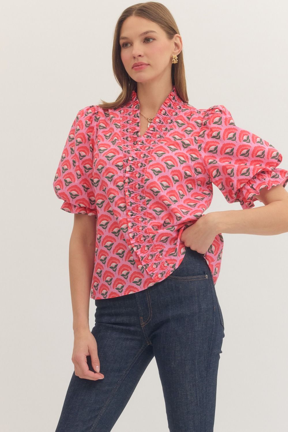 Geometric Print Short Puff Sleeve Top