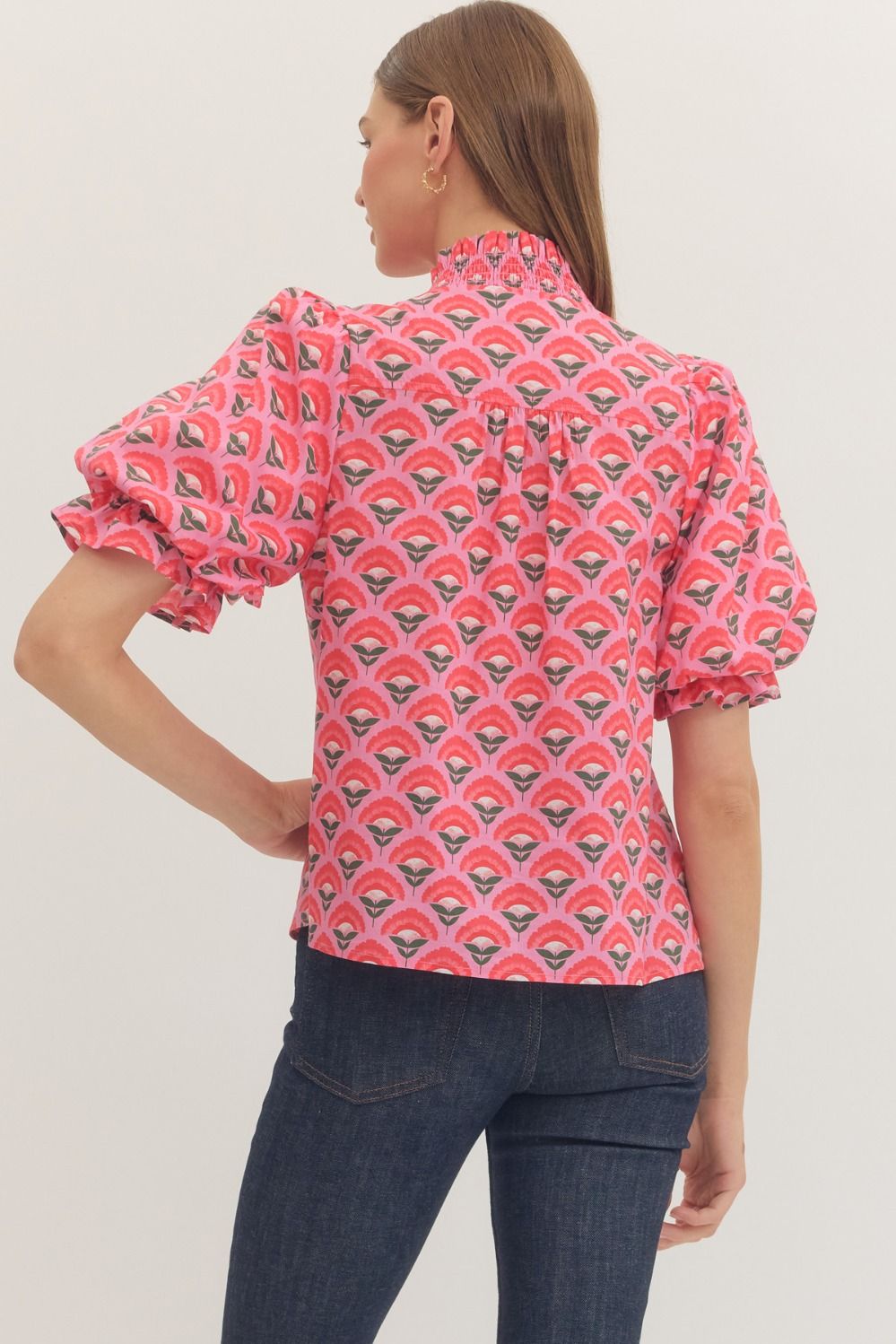 Geometric Print Short Puff Sleeve Top