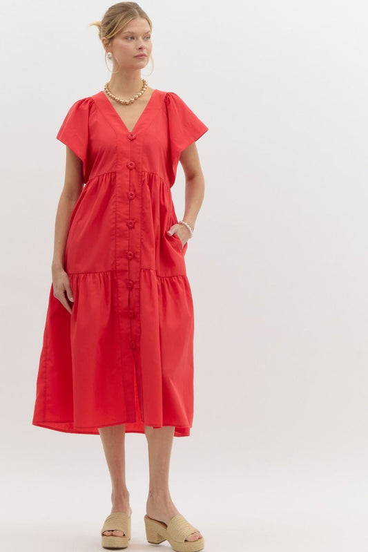 Tiered Midi Dress with Flutter Sleeves