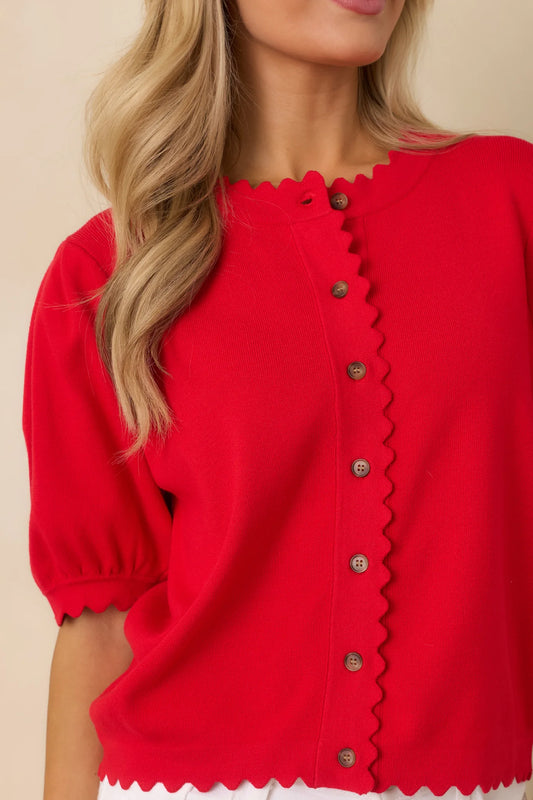 Red Button Up Scalloped Top